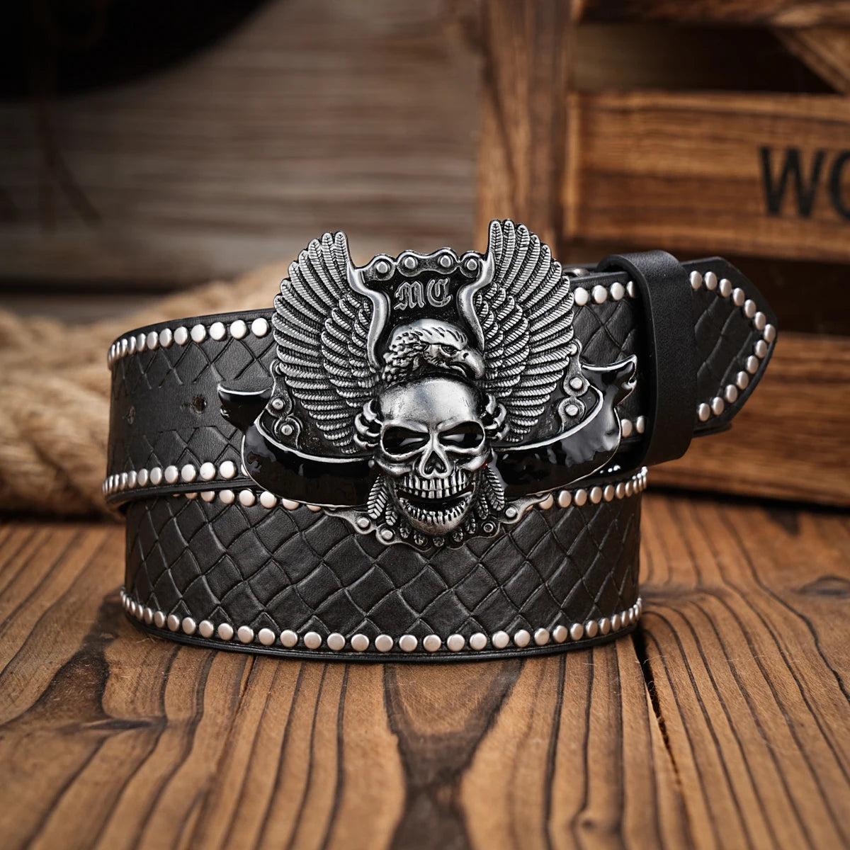 skull men's biker belt black