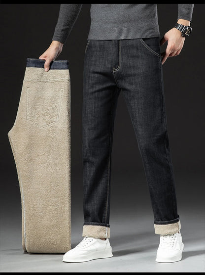 Winter Lamb Fluff Denim Straight Pants Men