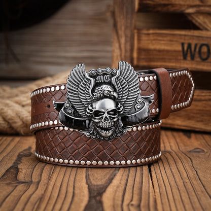 skull men's biker belt Dark brown