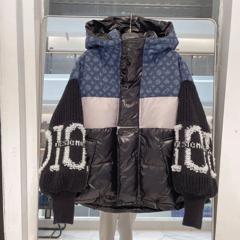 Patchwork Women Jacket Short blue