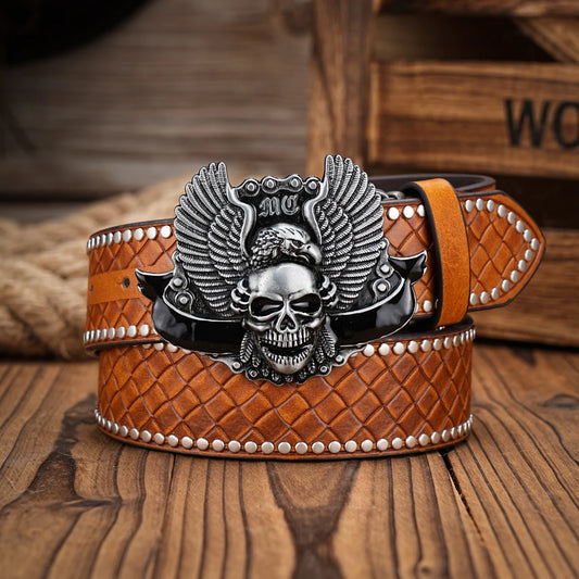 skull men's biker belt Brown