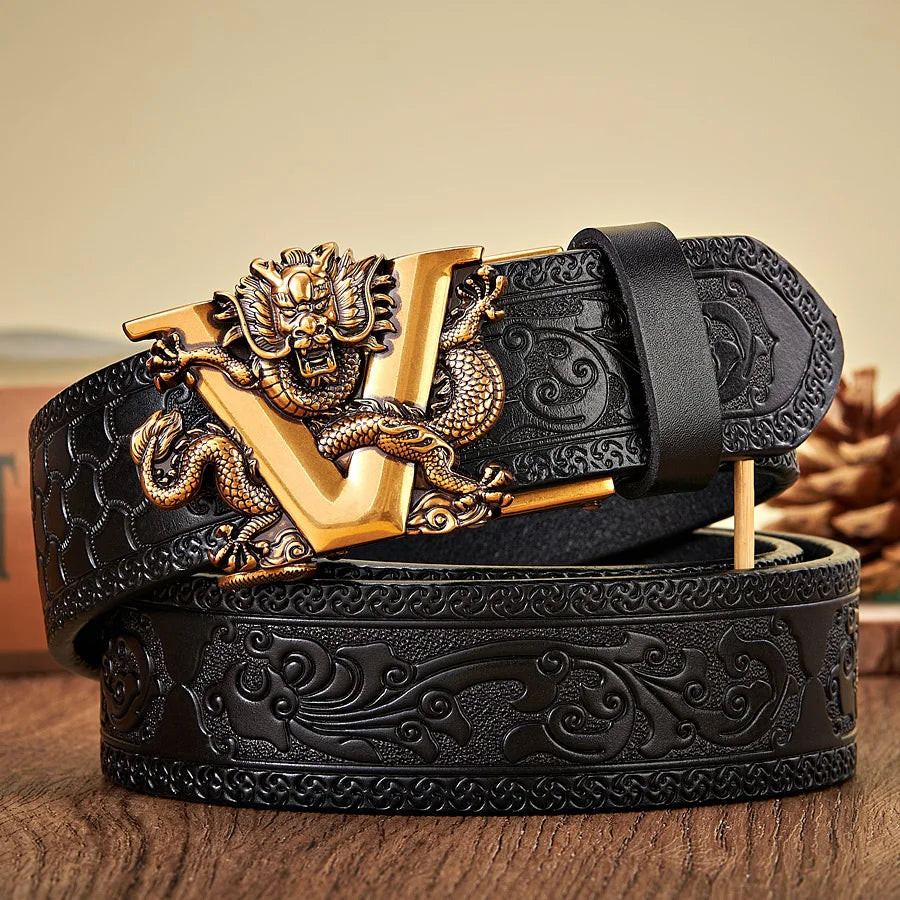 Leather belt with V buckle for men Golden V Black