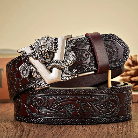 Leather belt with V buckle for men Silver V Coffee